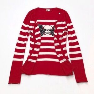 Yacht Club Cashmere & Silk Red White Stripe Long Sleeve Cardigan w/ Skull S